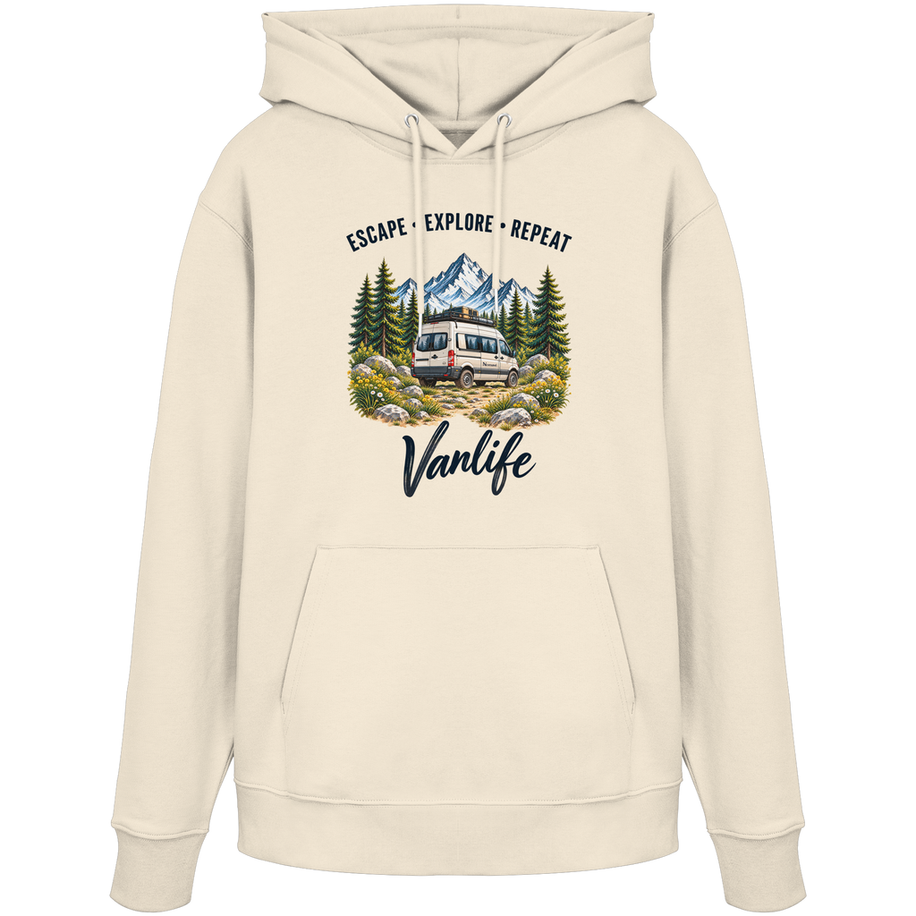 Bio Hoodie Kapuzenpullover in Natural Raw mit Escape Explore Repeat Vanlife Motiv – Produktansicht mit Frontprint