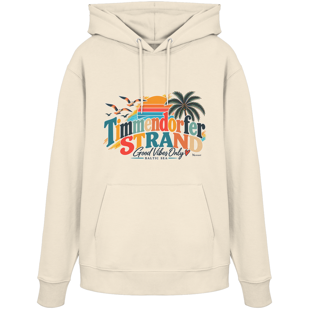 Unisex-Hoodie in Natural Raw mit Timmendorfer-Strand-Good-Vibes-Only-Frontprint, originales Shirtigo-Mockup.