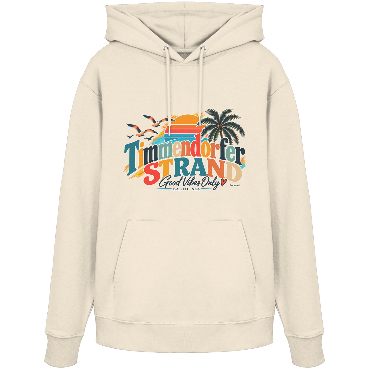 Unisex-Hoodie in Natural Raw mit Timmendorfer-Strand-Good-Vibes-Only-Frontprint, originales Shirtigo-Mockup.