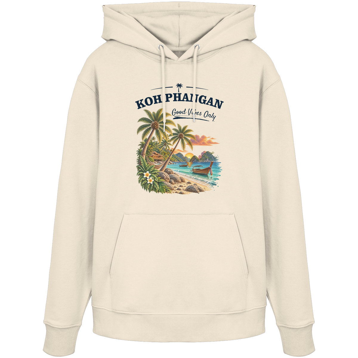 Koh Phangan Good Vibes Only – Bio Hoodie – Original-Mockup organic hoodie natural raw mit Frontprint