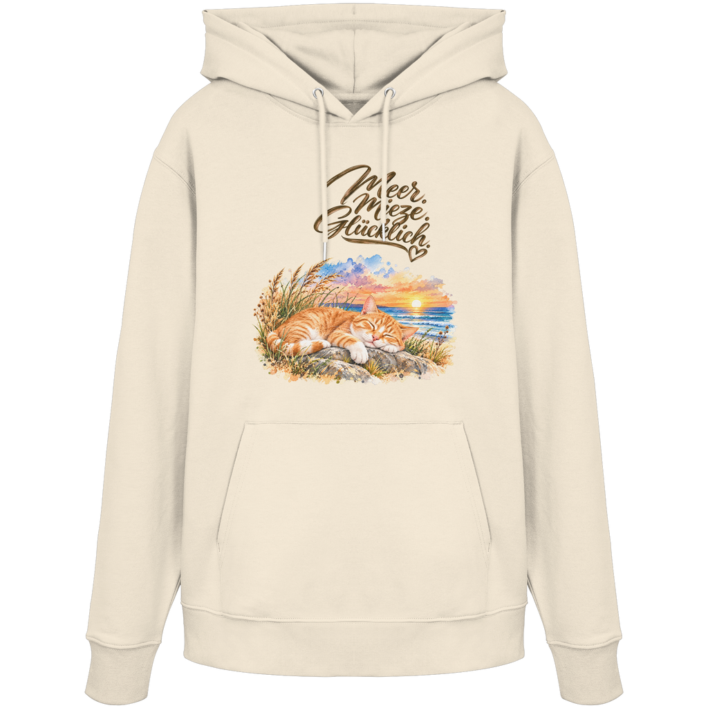 Unisex Bio-Hoodie in Natural Raw mit „Meer. Mieze. Glücklich.“ als Frontprint – Original-Mockup
