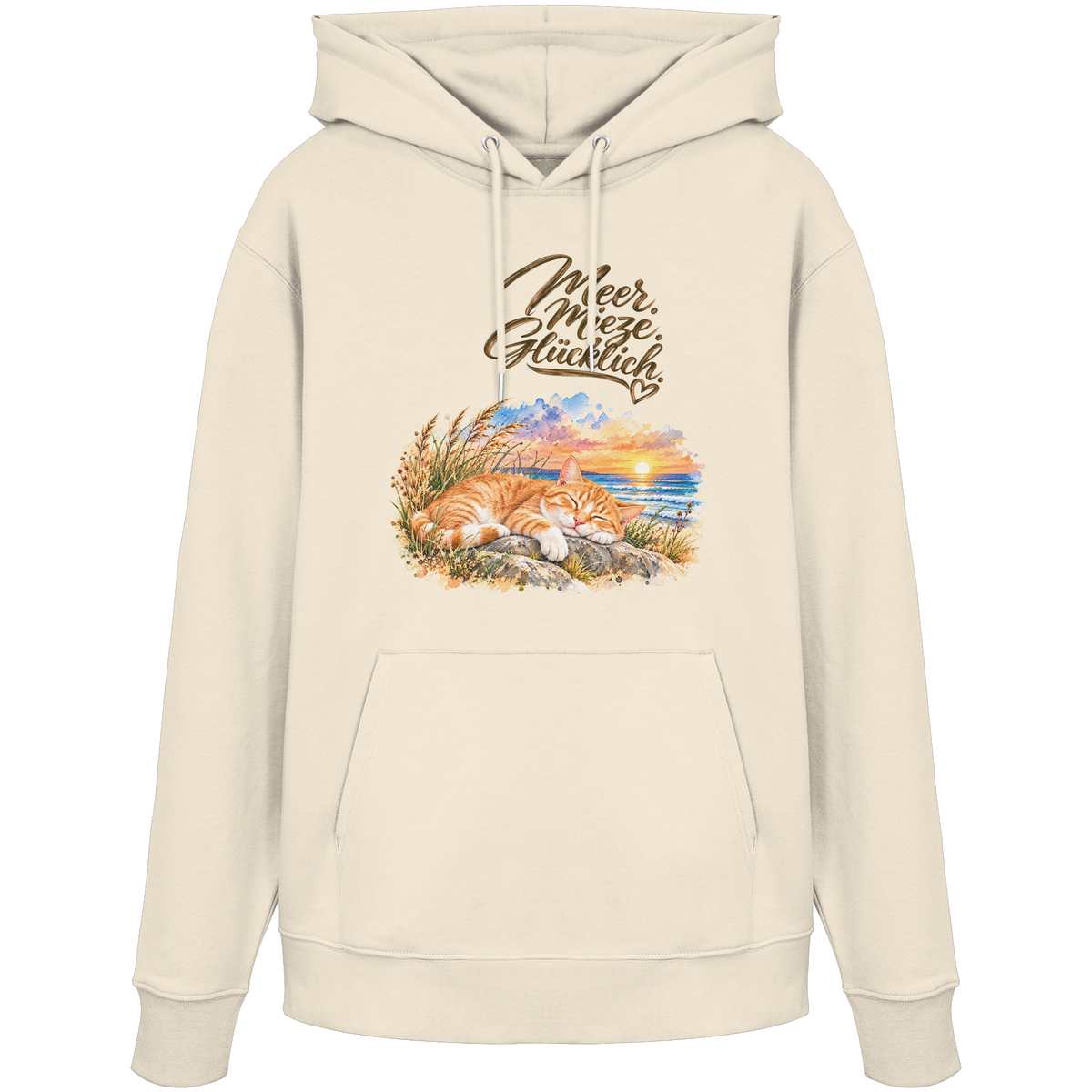 Unisex Bio-Hoodie in Natural Raw mit „Meer. Mieze. Glücklich.“ als Frontprint – Original-Mockup