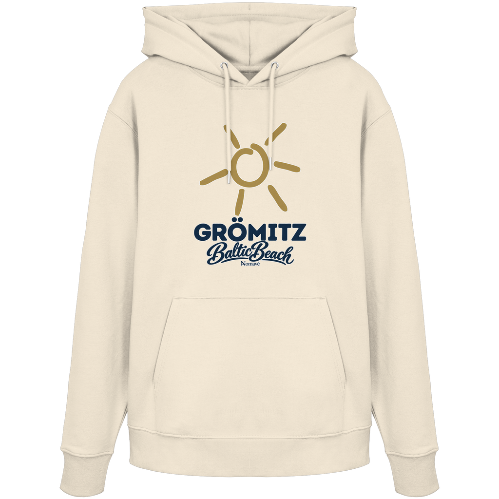 Bio Unisex Hoodie Grömitz Sonne Baltic Beach in Natural Raw – Frontdruck mit goldener Sonne, Shirtigo-Originalmockup 1