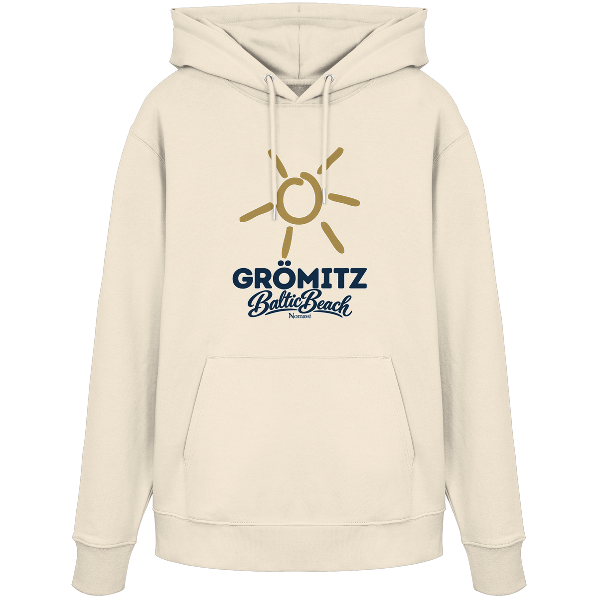 Bio Unisex Hoodie Grömitz Sonne Baltic Beach in Natural Raw – Frontdruck mit goldener Sonne, Shirtigo-Originalmockup 1