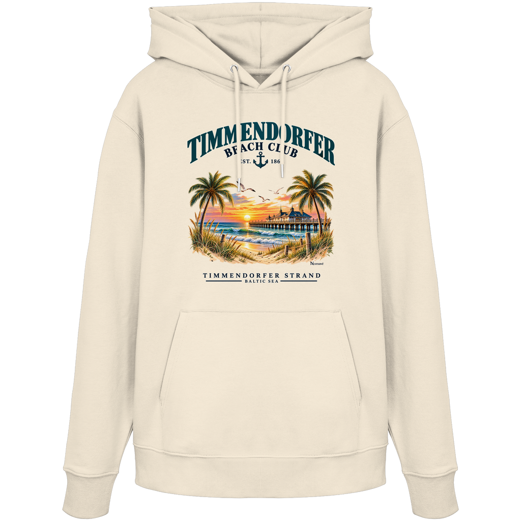 Originalmockup: Timmendorfer Beach Club Unisex Bio-Hoodie in Natural Raw, Vorderansicht mit maritimem Frontprint, Palmen, Seebrücke und Meer.