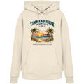 Originalmockup: Timmendorfer Beach Club Unisex Bio-Hoodie in Natural Raw, Vorderansicht mit maritimem Frontprint, Palmen, Seebrücke und Meer.