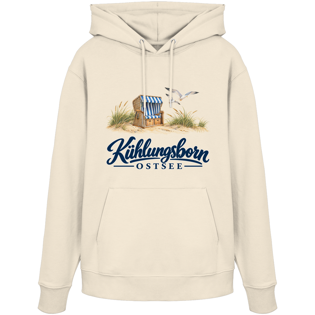 Bio-Unisex-Hoodie Kühlungsborn – Strandkorb & Ostsee in Natural Raw, Shirtigo-Originalmockup der Vorderseite mit Strandkorbmotiv.