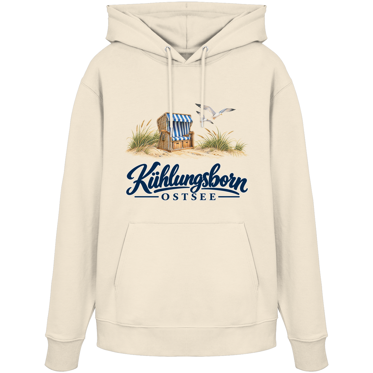 Bio-Unisex-Hoodie Kühlungsborn – Strandkorb & Ostsee in Natural Raw, Shirtigo-Originalmockup der Vorderseite mit Strandkorbmotiv.