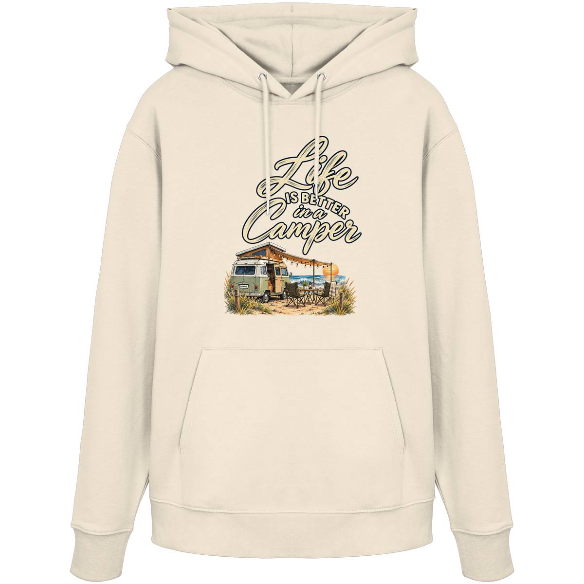 Bio Hoodie in Natural Raw mit „Life is better in a Camper“-Motiv – Vorderansicht für Vanlife- und Campingfans