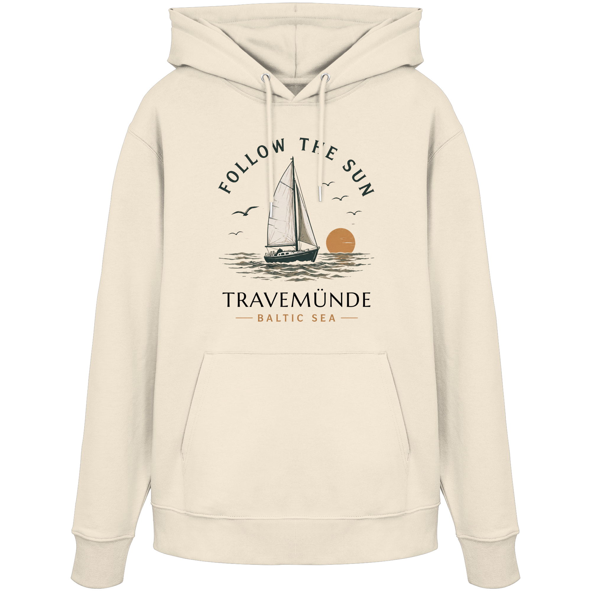 Travemünde Follow the Sun Hoodie in Natural Raw mit Segelboot Motiv und Baltic Sea Design