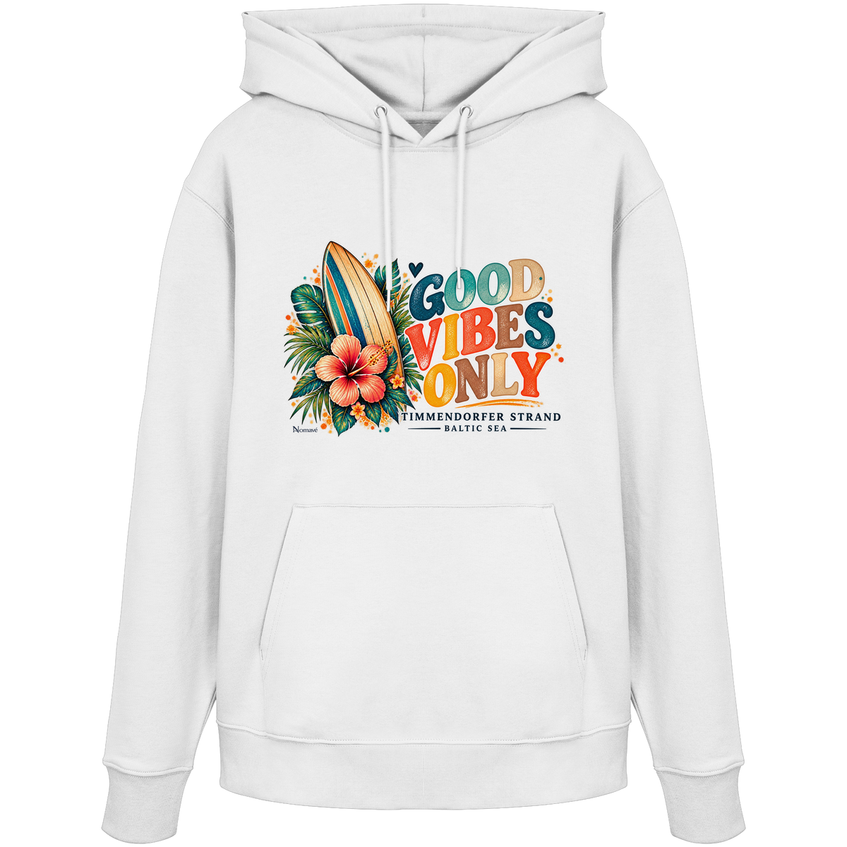 Timmendorfer Strand – Surf Vibes – Unisex Bio-Hoodie mit Frontprint in White – Katalog-Vorderansicht mit Surfboard, Hibiskus und Good-Vibes-Only-Frontprint.
