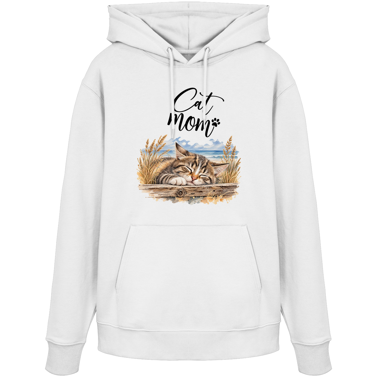 Unisex Bio-Hoodie in White mit Cat-Mom-Katzenmotiv als Frontprint – Vorderansicht im Original-Mockup.