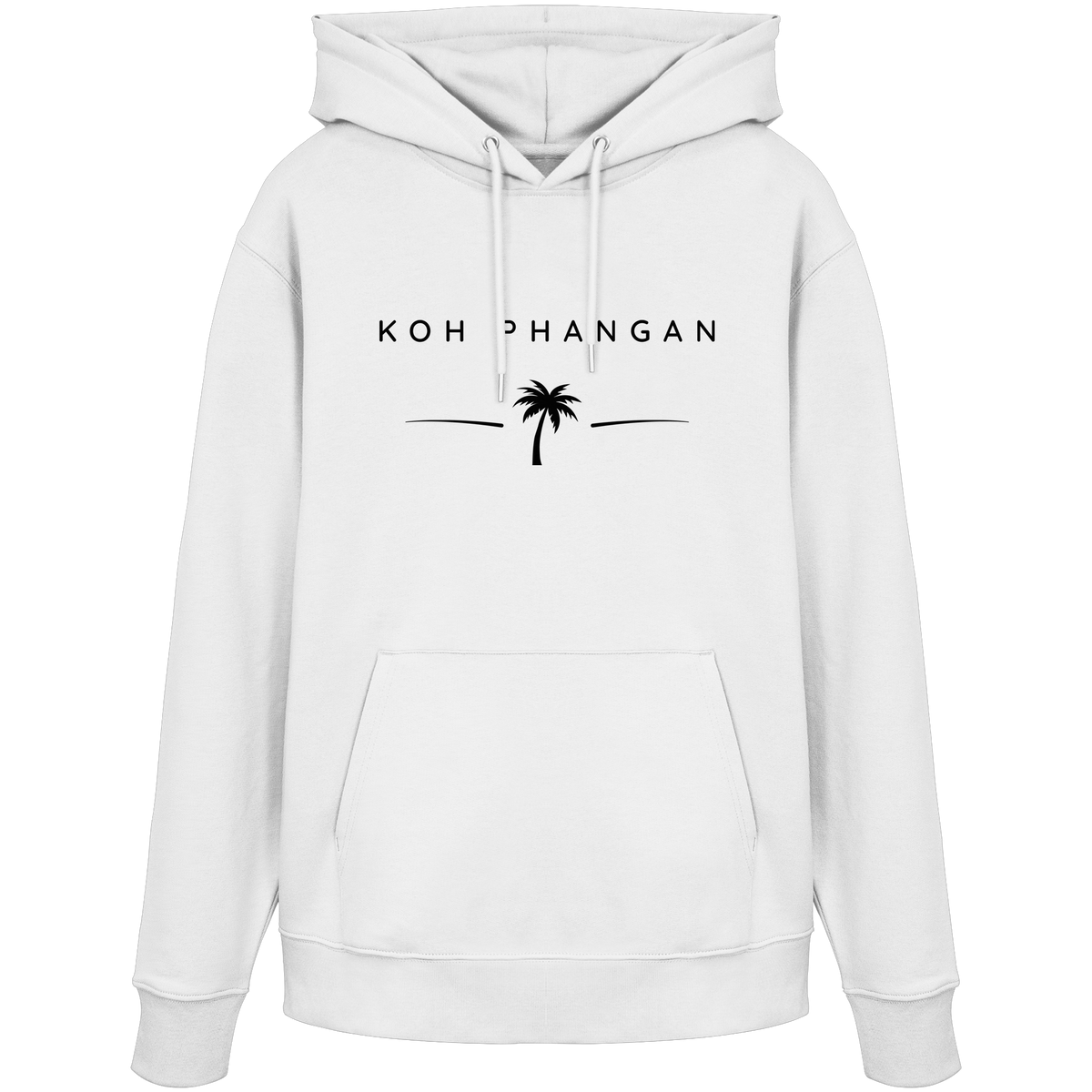 Frontansicht des Bio Hoodie in White mit Koh Phangan Minimal Palm Frontprint