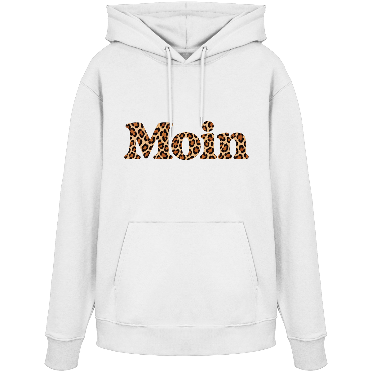 Original-Shirtigo-Mockup: Bio Unisex Hoodie in White mit lesbarem „Moin“ im Karamell-Leoprint als Frontprint