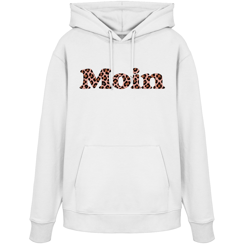 Bio-Unisex-Hoodie in White von vorne mit Moin-Leo-Blush-Pink-Motiv.