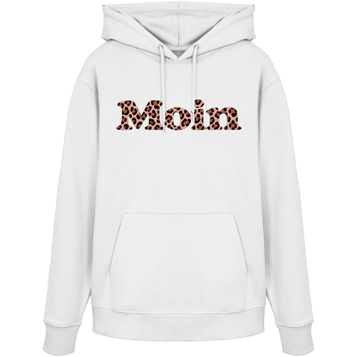 Bio-Unisex-Hoodie in White von vorne mit Moin-Leo-Blush-Pink-Motiv.