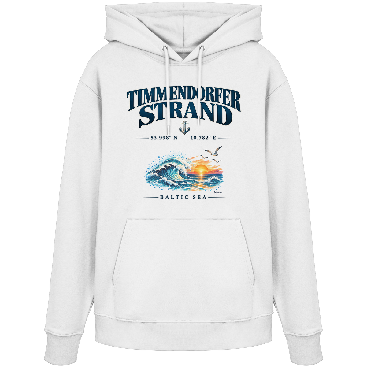 Original-Mockup 2: Unisex Bio-Hoodie in White mit Timmendorfer Strand – Baltic Sea Frontprint.