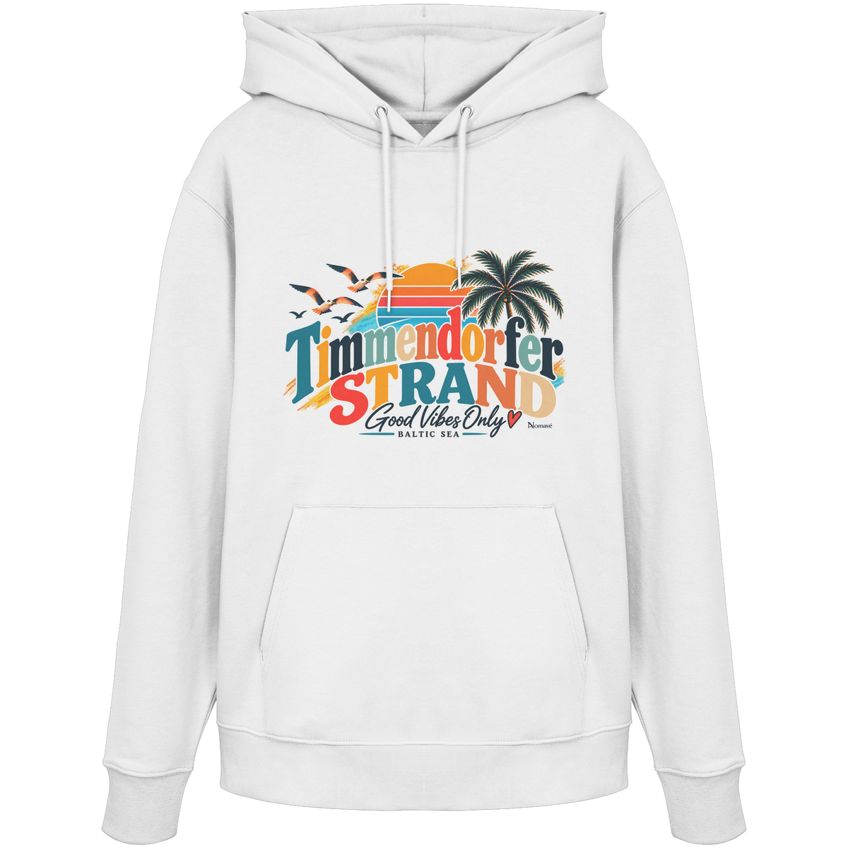 Unisex-Hoodie in White mit Timmendorfer-Strand-Good-Vibes-Only-Frontprint, originales Shirtigo-Mockup.