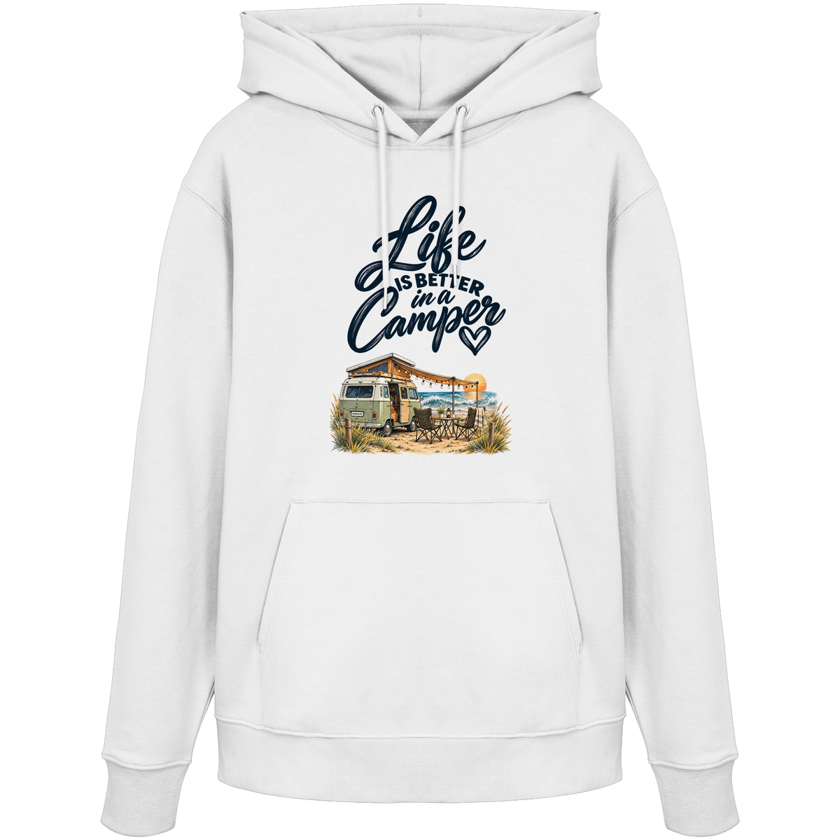 Bio Hoodie Kapuzenpullover mit „Life is better in a Camper“-Motiv – Vorderansicht in White für Vanlife- und Campingfans