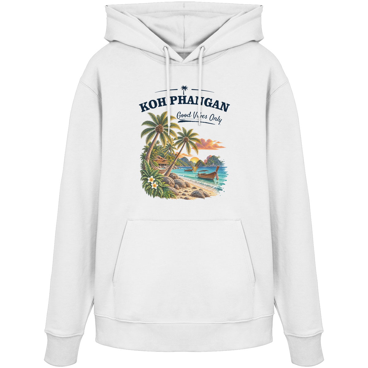 Koh Phangan Good Vibes Only – Bio Hoodie – Original-Mockup organic hoodie white mit Frontprint