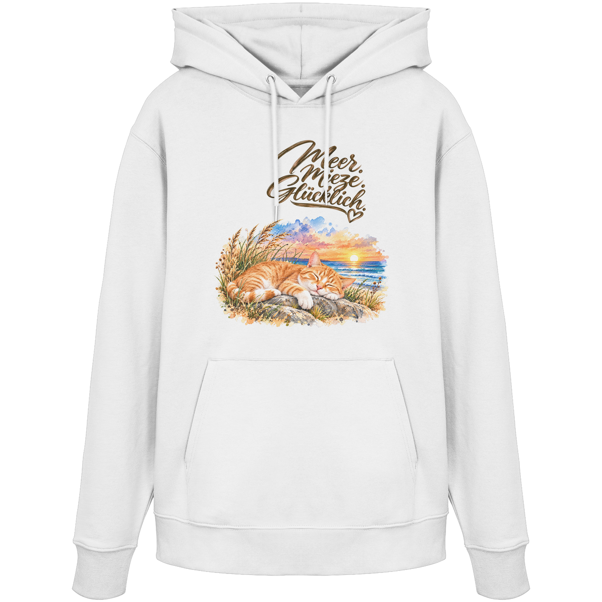 Unisex Bio-Hoodie in White mit „Meer. Mieze. Glücklich.“ als Frontprint – Original-Mockup