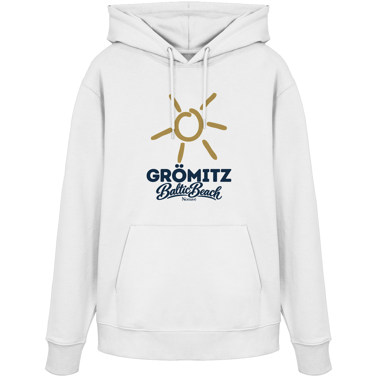 Bio Unisex Hoodie Grömitz Sonne Baltic Beach in White – Frontdruck mit goldener Sonne, Shirtigo-Originalmockup 2