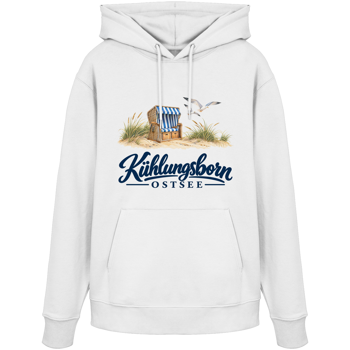 Bio-Unisex-Hoodie Kühlungsborn – Strandkorb & Ostsee in White, Shirtigo-Originalmockup der Vorderseite mit Strandkorbmotiv.