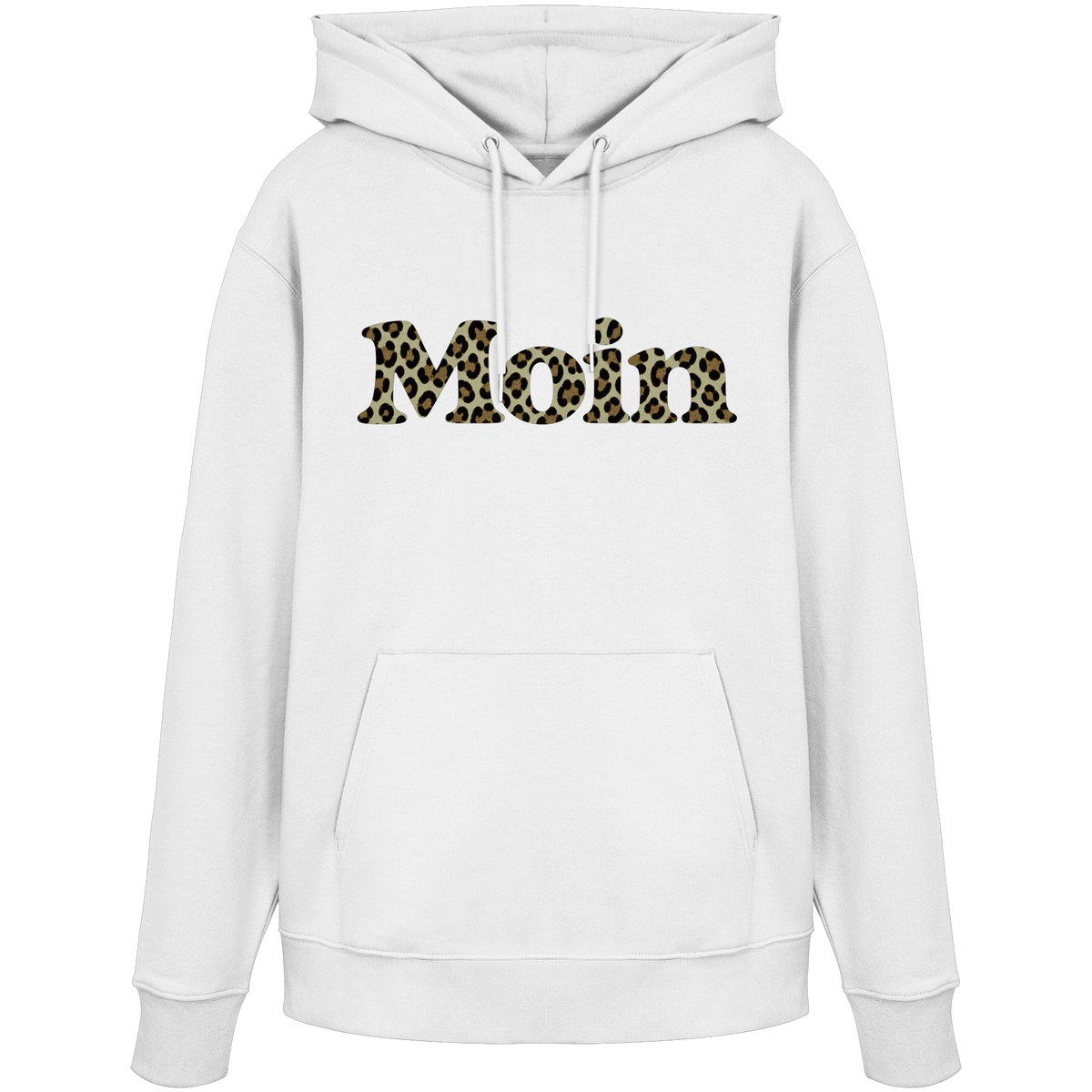 Bio Unisex Hoodie in White mit Moin-Leoprint in Sage Green als Frontprint, Original-Mockup.