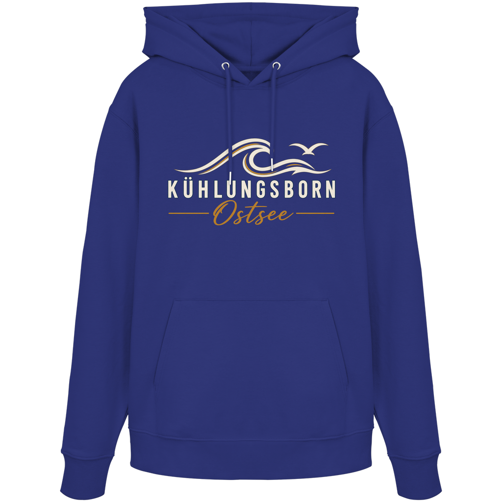 Shirtigo-Originalmockup: Bio-Hoodie Kühlungsborn Baltic Waves, Dark Edition, Worker Blue, Vorderansicht mit Motiv.
