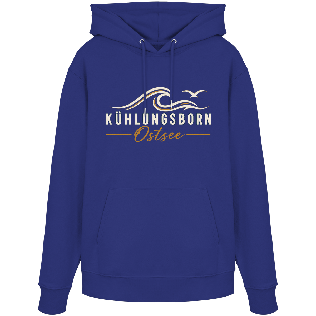 Shirtigo-Originalmockup: Bio-Hoodie Kühlungsborn Baltic Waves, Dark Edition, Worker Blue, Vorderansicht mit Motiv.