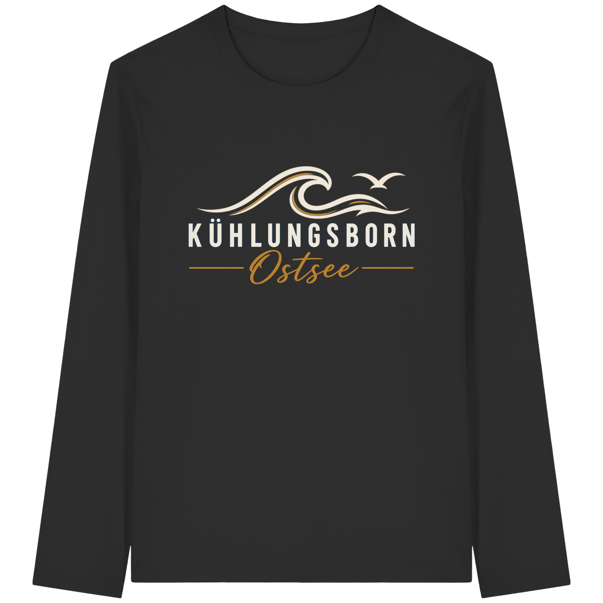 Shirtigo-Originalmockup: Bio-Unisex-Longsleeve Kühlungsborn Baltic Waves, Dark Edition, Black, Vorderansicht mit Motiv.