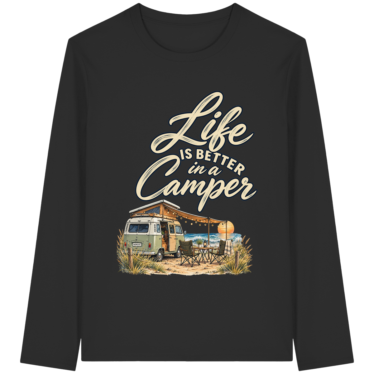 Bio Longsleeve in Black mit „Life is better in a Camper“-Motiv – Vorderansicht für Vanlife- und Campingfans