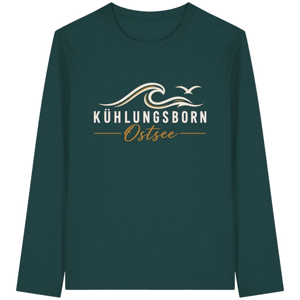 Shirtigo-Originalmockup: Bio-Unisex-Longsleeve Kühlungsborn Baltic Waves, Dark Edition, Glazed Green, Vorderansicht mit Motiv.