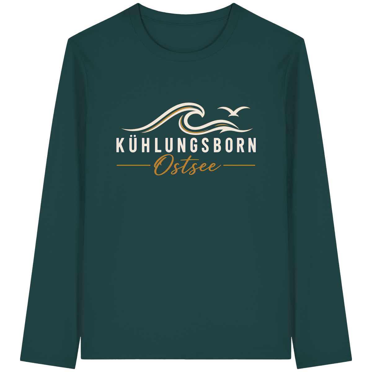 Shirtigo-Originalmockup: Bio-Unisex-Longsleeve Kühlungsborn Baltic Waves, Dark Edition, Glazed Green, Vorderansicht mit Motiv.