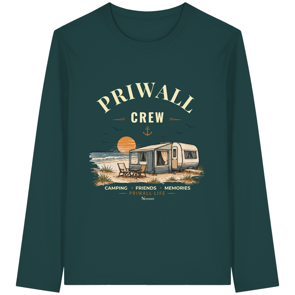 Bio Longsleeve T-Shirt in Glazed Green mit korrigiertem Priwall-Crew-Motiv der Dark Edition – Vorderansicht