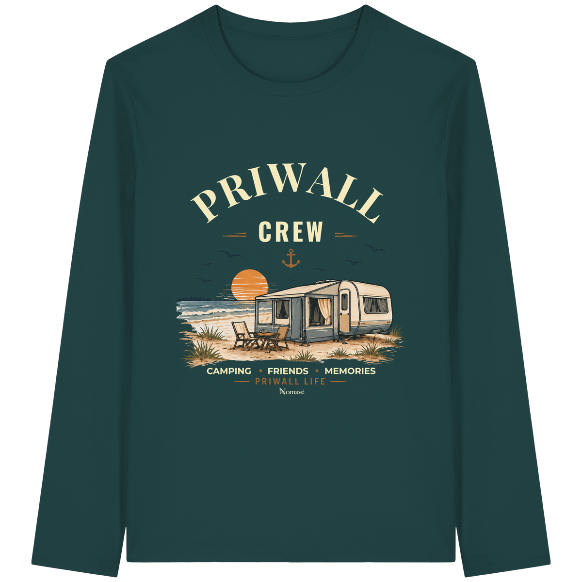 Bio Longsleeve T-Shirt in Glazed Green mit korrigiertem Priwall-Crew-Motiv der Dark Edition – Vorderansicht
