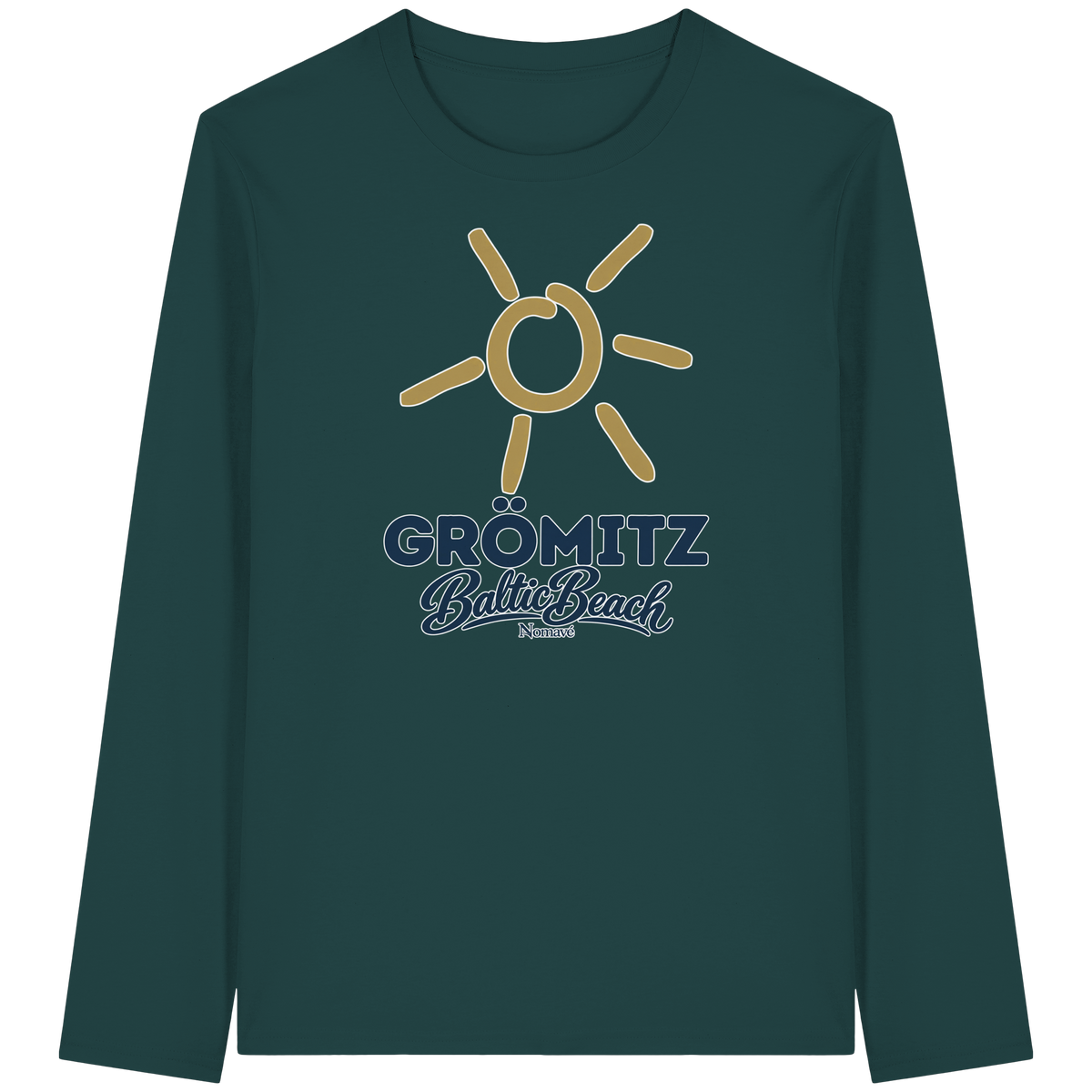 Bio Unisex Longsleeve Grömitz Sonne Baltic Beach in Glazed Green – Frontdruck mit goldener Sonne, Shirtigo-Originalmockup 3
