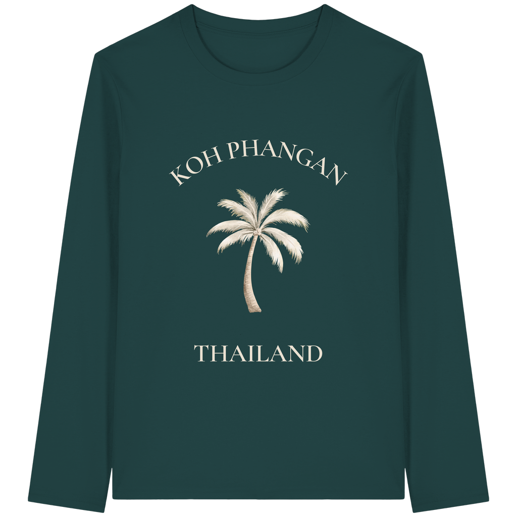 Original-Shirtigo-Mockup: Unisex Bio Longsleeve in Glazed Green mit Koh Phangan Mini Palm Frontprint
