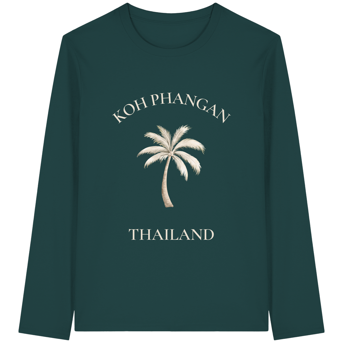 Original-Shirtigo-Mockup: Unisex Bio Longsleeve in Glazed Green mit Koh Phangan Mini Palm Frontprint