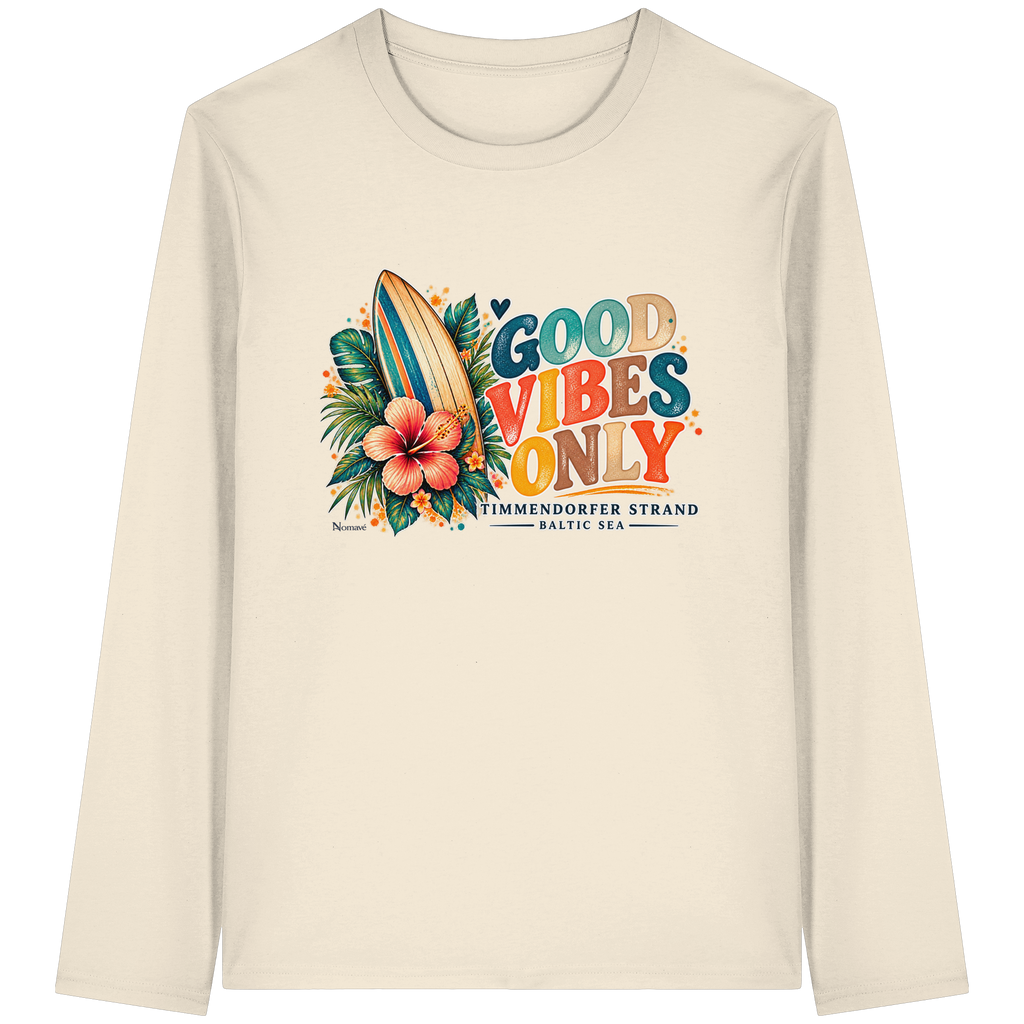 Unisex Bio-Langarmshirt in Natural Raw mit Timmendorfer Surf-Vibes-Frontprint – Katalog-Vorderansicht.