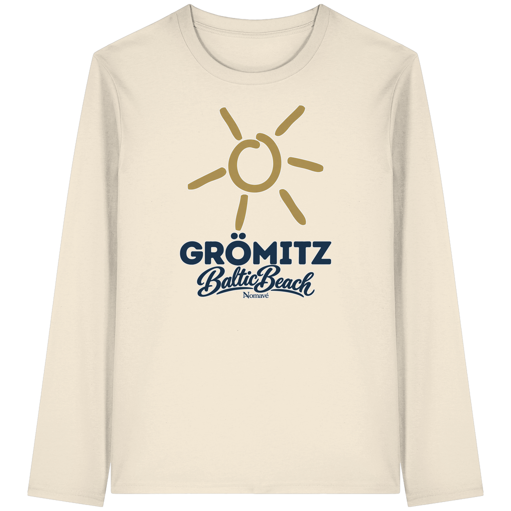 Bio Unisex Longsleeve Grömitz Sonne Baltic Beach in Natural Raw – Frontdruck mit goldener Sonne, Shirtigo-Originalmockup 1