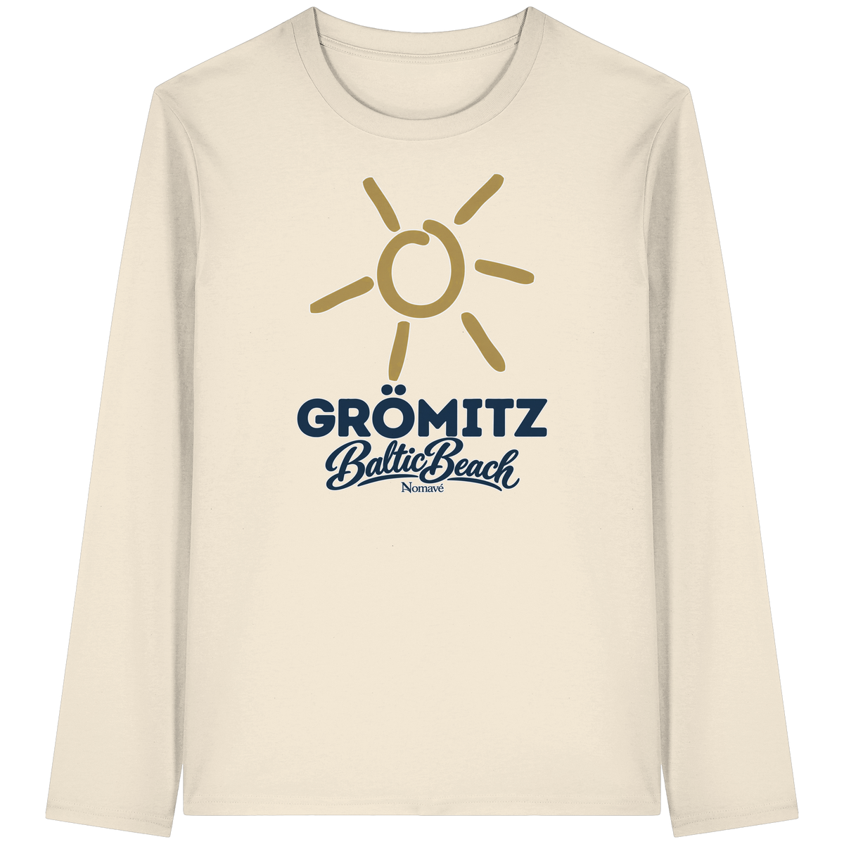 Bio Unisex Longsleeve Grömitz Sonne Baltic Beach in Natural Raw – Frontdruck mit goldener Sonne, Shirtigo-Originalmockup 1