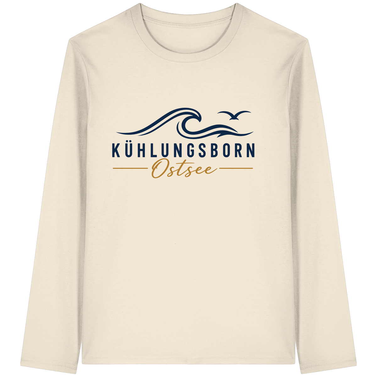 Kühlungsborn Baltic Waves Bio-Unisex-Longsleeve Light Edition in Natural Raw – originales Shirtigo-Frontmockup