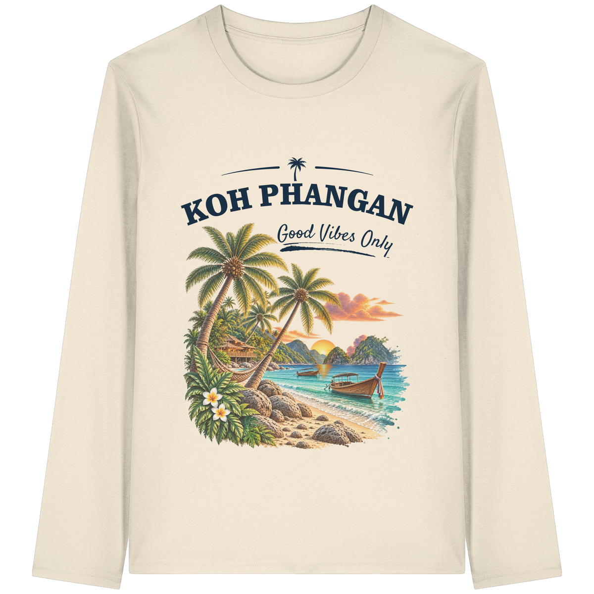 Koh Phangan Good Vibes Only – Bio Longsleeve T-Shirt – Original-Mockup organic longsleeve t shirt natural raw mit Frontprint