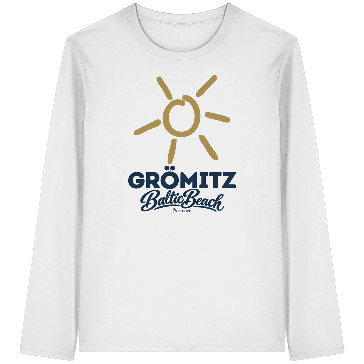Bio Unisex Longsleeve Grömitz Sonne Baltic Beach in White – Frontdruck mit goldener Sonne, Shirtigo-Originalmockup 2