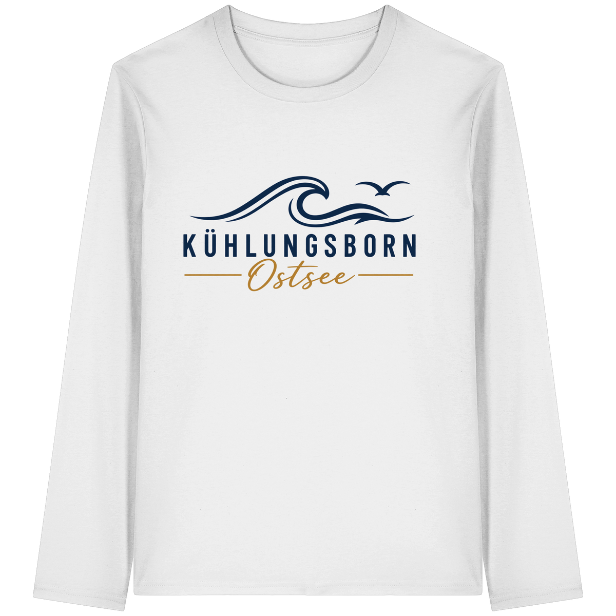 Kühlungsborn Baltic Waves Bio-Unisex-Longsleeve Light Edition in White – originales Shirtigo-Frontmockup