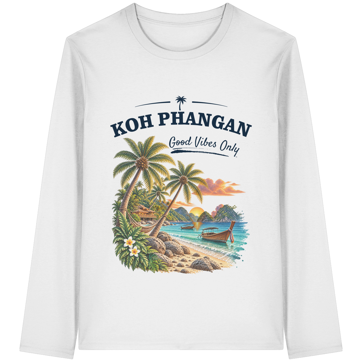 Koh Phangan Good Vibes Only – Bio Longsleeve T-Shirt – Original-Mockup organic longsleeve t shirt white mit Frontprint