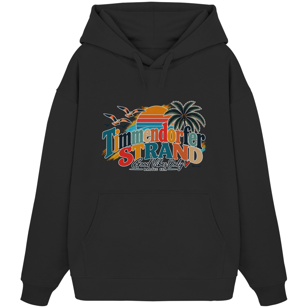 Unisex-Oversize-Hoodie in Black mit Timmendorfer-Strand-Good-Vibes-Only-Frontprint, originales Shirtigo-Mockup.