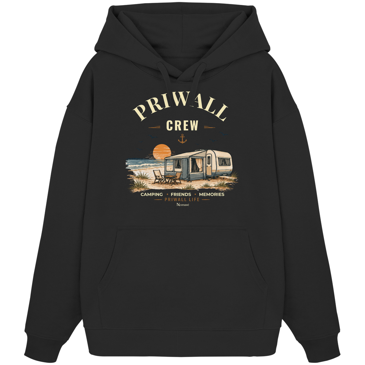 Bio Oversize Hoodie Kapuzenpullover in Black mit korrigiertem Priwall-Crew-Motiv der Dark Edition – Vorderansicht