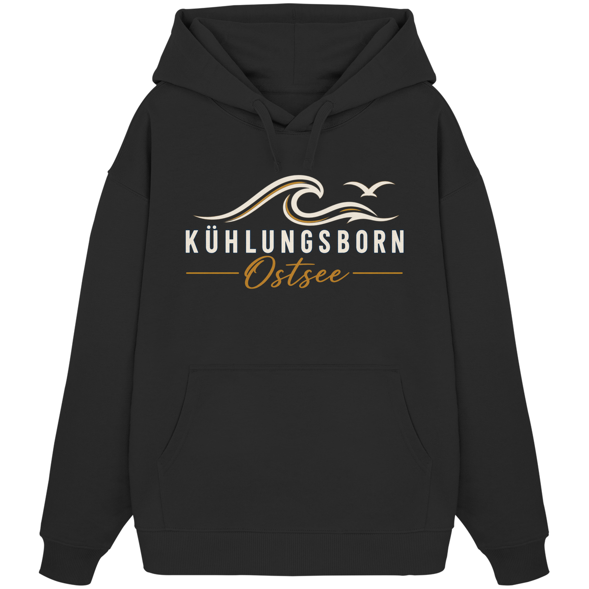 Shirtigo-Originalmockup: Bio-Oversize-Hoodie Kühlungsborn Baltic Waves, Dark Edition, Black, Vorderansicht mit Motiv.